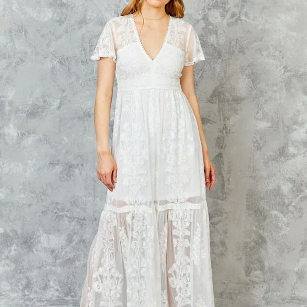 Aeropostale White V-Neck Flutter Sleeve Maxi Dress